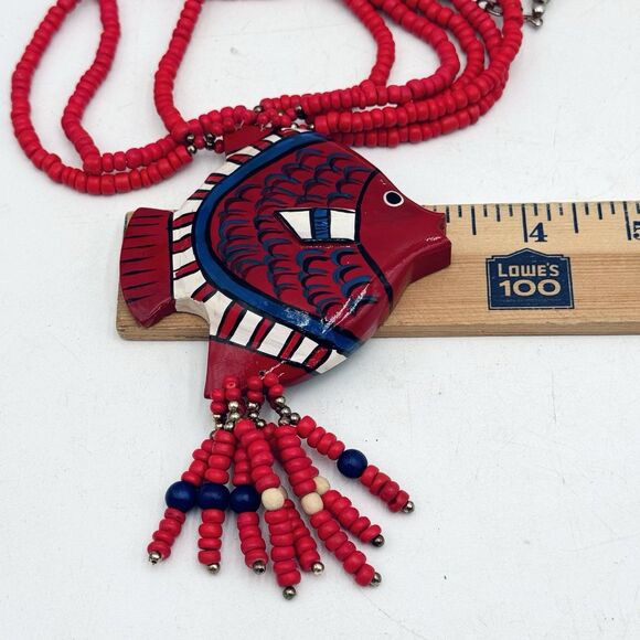 Vintage Large Carved Wood Fish Pendant Necklace 4 Strand Beaded Red White & Blue - Picture 5 of 6
